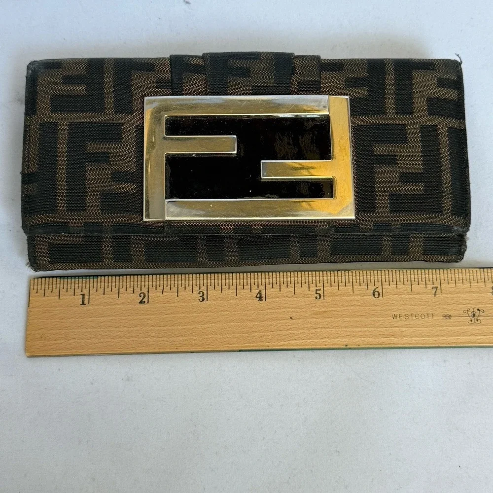 Fendi Zucca Continental Long Wallet Black Brown Canvas Gold‎ Tone Buckle